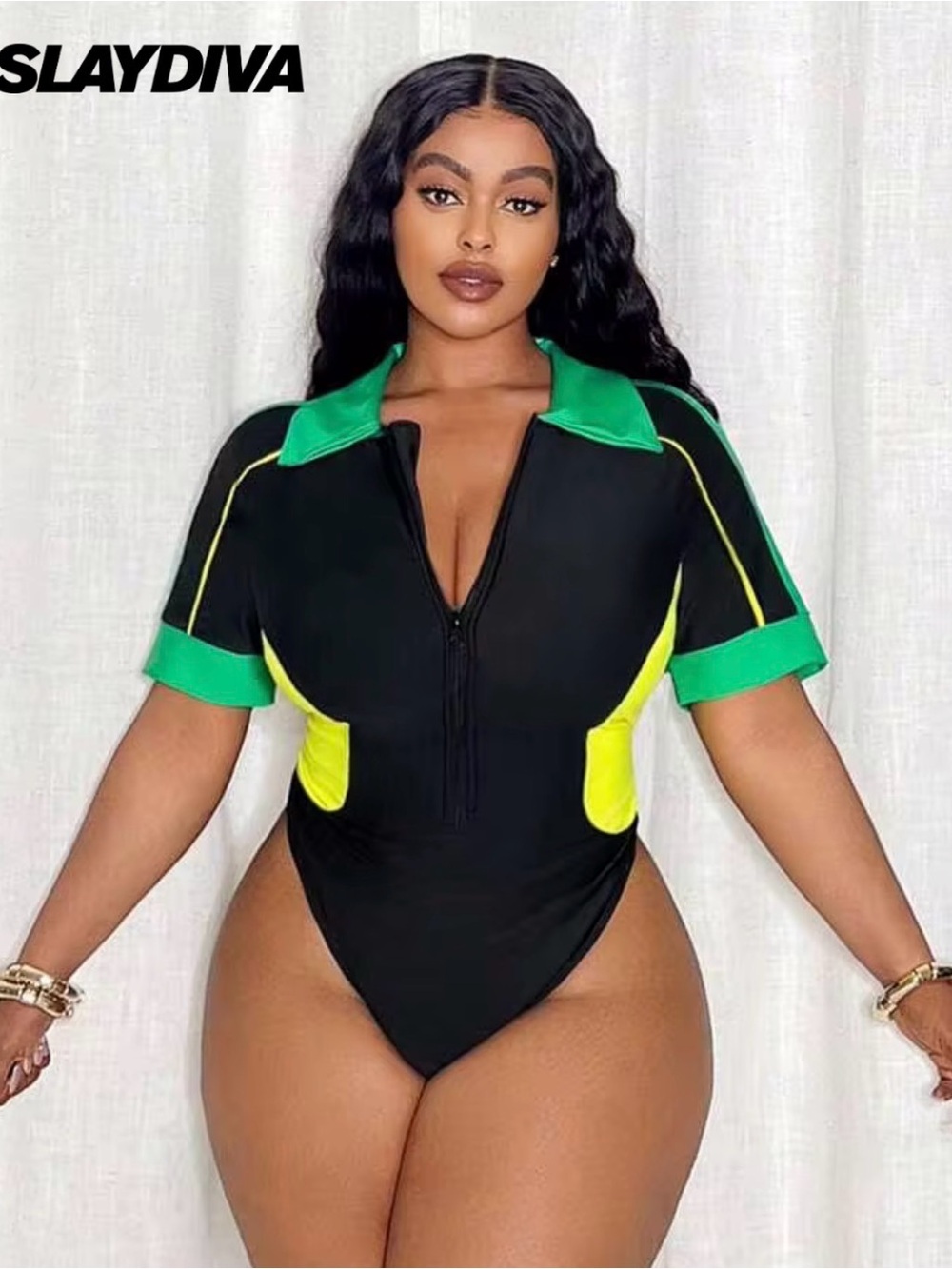 SHEIN Slaydiva Colorblock Zip Front Collared Bodysuit Black Green Neon Yellow